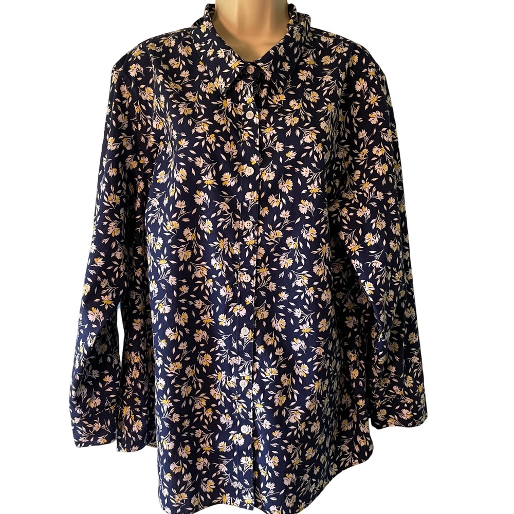 Lands' End Women's Floral Button Down No Iron Plus Size 20W Blue Cotton